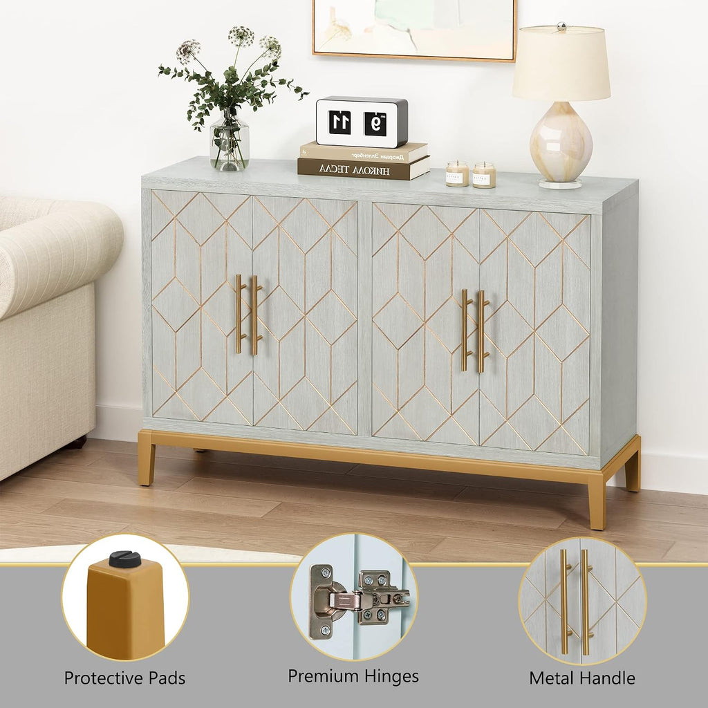 48" Accent Cabinet with 4 Doors and Shelves, Modern Credenza Storage Cabinet with Gold Trim, Green Buffet Cabinet