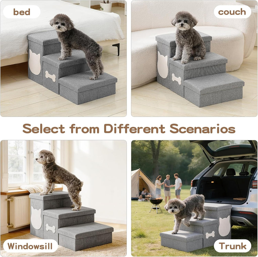 3-Step Dog Stairs for Small Dogs, Folding Dog Steps for Bed, Grey