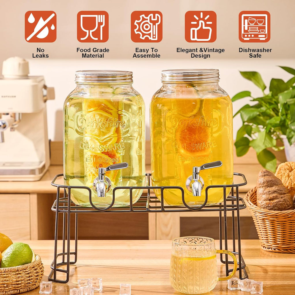 Gallon for Parties, 2 Pack Beverage Dispenser with Stand, Fruit Infuser & Leakproof Stainless Steel Spigot, Juice - Set of 2