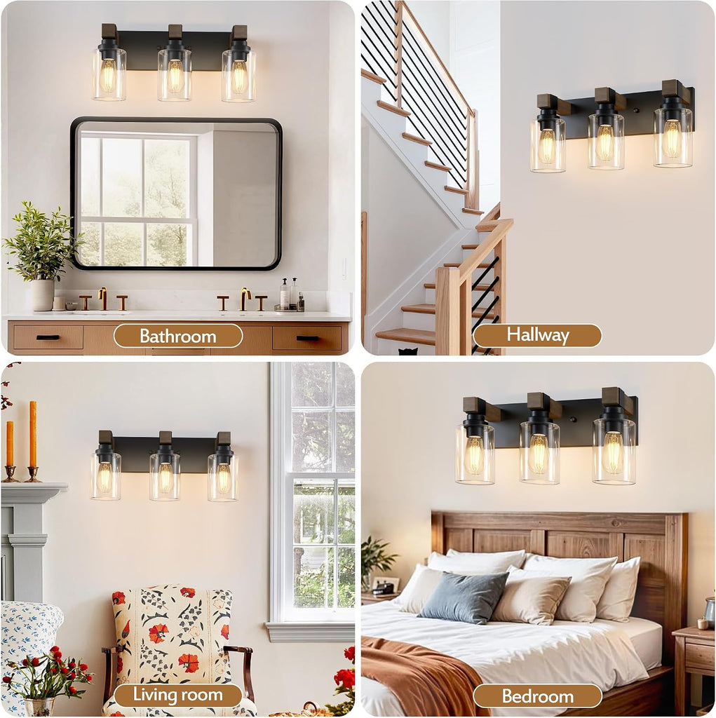 Farmhouse 3-Light Bathroom Vanity Light Fixtures, Black and Wood | 18.8′′ Rustic Matte Black Metal Frame, Clear Glass