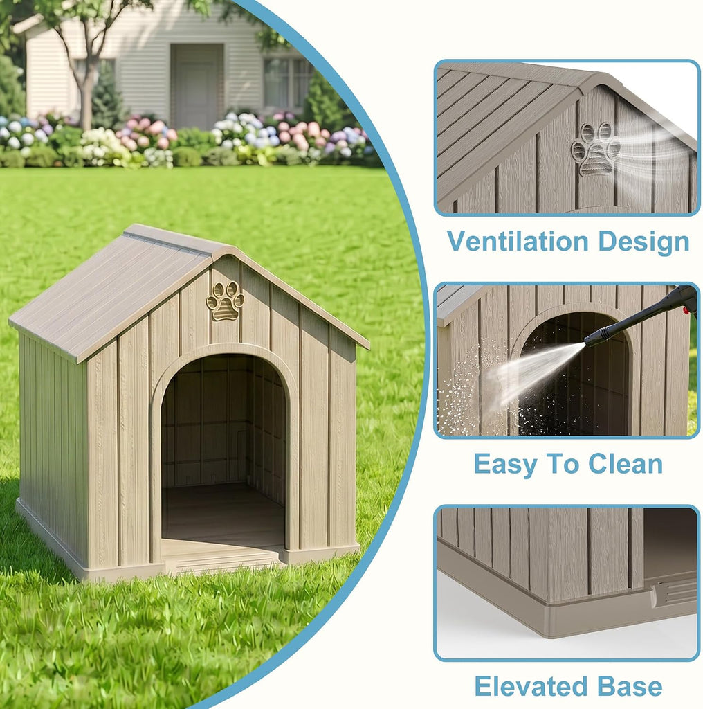 43Inch Large Dog House Outdoor, Waterproof Resin Dog Kennel Shelter Indoor