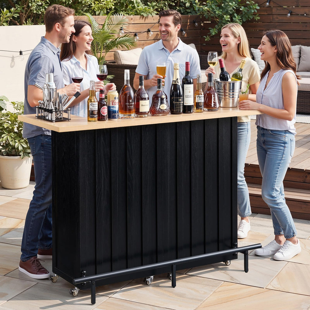 61" Foldable Bar Table, Mobile Party Bar Station on Lockable Wheel