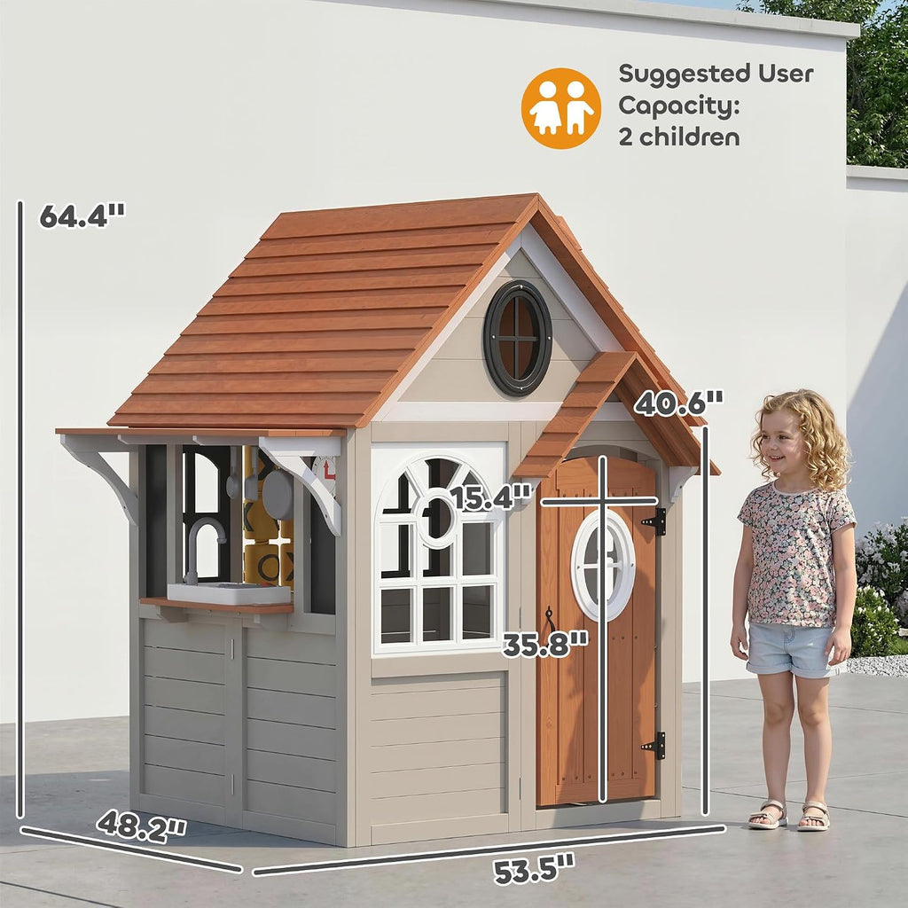 Outdoor Playhouse Wooden Kids Playhouse with Dog Door Ages 2+ Gray | Kids Cottage, Cookware, Blackboard, Clock
