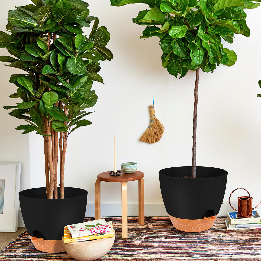 12 Inch Self Watering Planters, 2 Pack, Black