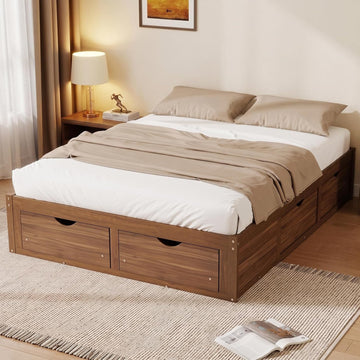 Platform Bed with 6 Storage Drawers, No Headboard (Natural)