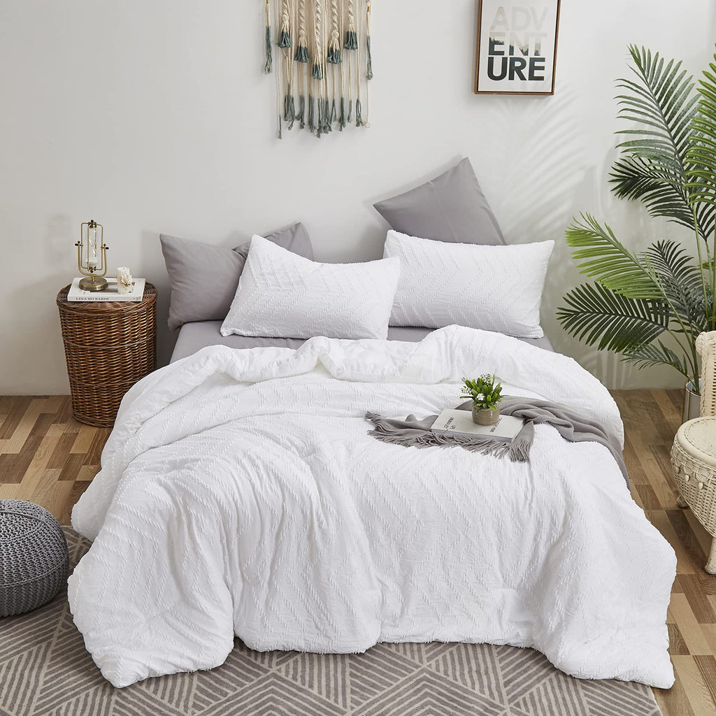 White Jacquard Comforter Set King Boho Bedding Comforter Farmhouse Shabby Tufted Blanket Quilts Rustic Plain White