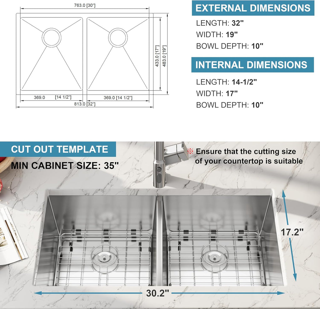 32 Inch Undermount Handmade 50/50 Double Bowl Kitchen Sink | 16 Gauge Thickness, 304 Stainless Steel, Brushed Satin