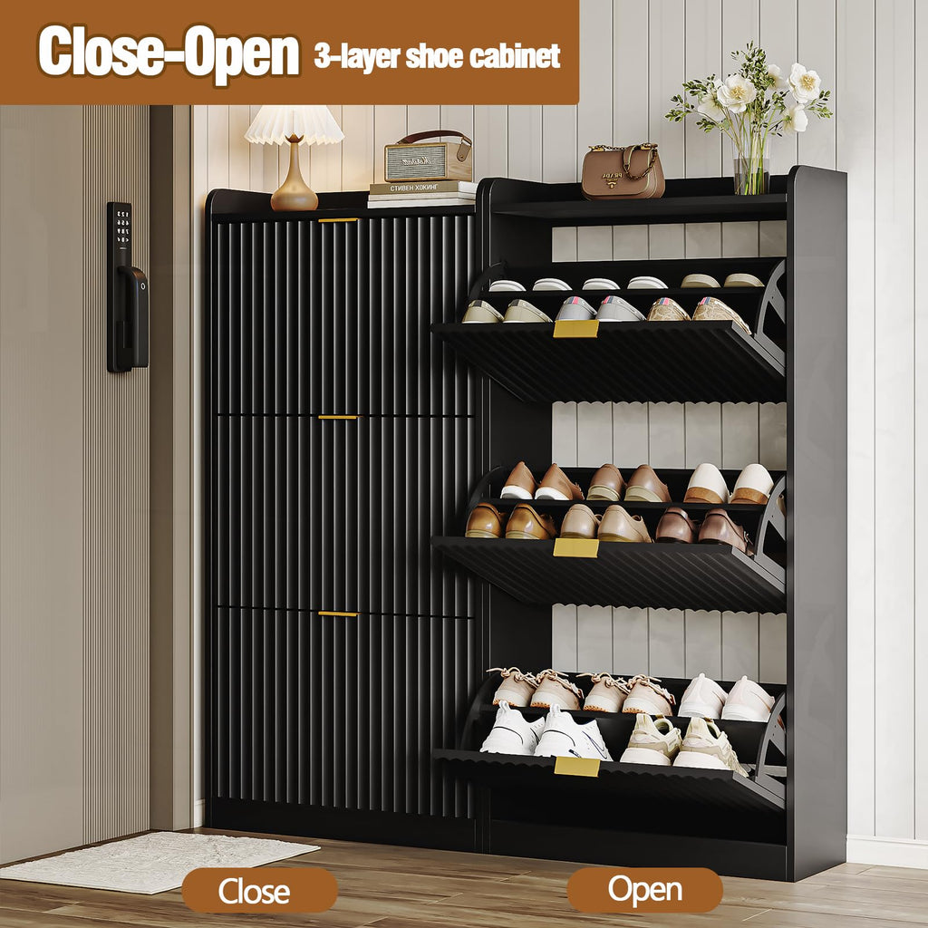 Black Fluted Slim Shoe Cabinet Storage with 3 Flip Drawers
