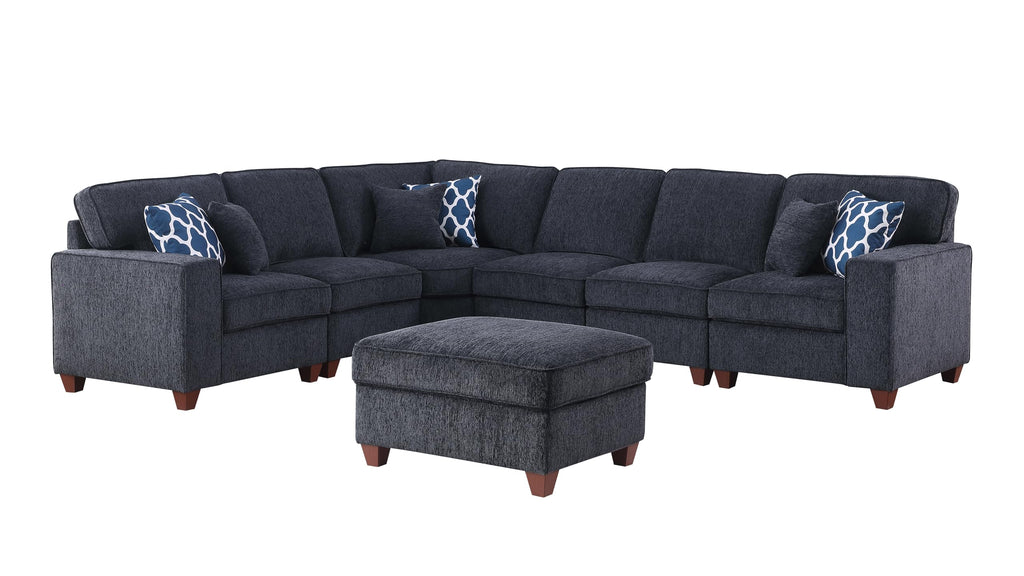 116" L-Shaped Sectional Couch with Movable Ottoman & 6 Throw Pillow, 7 Seat Chenille Upholstered Sectional Sofa W/Wide