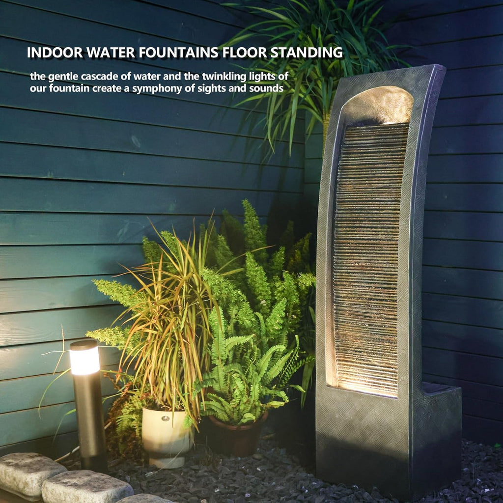 Modern Indoor Water Fountain Curved Faux Slate Waterfall Fountain with LED Lighting, 42.5-Inch Tall Tiered Waterfall