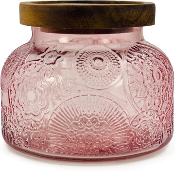 Decorative Pink Embossed Glass Jar with Airtight Wooden Lid, 40 fl. oz