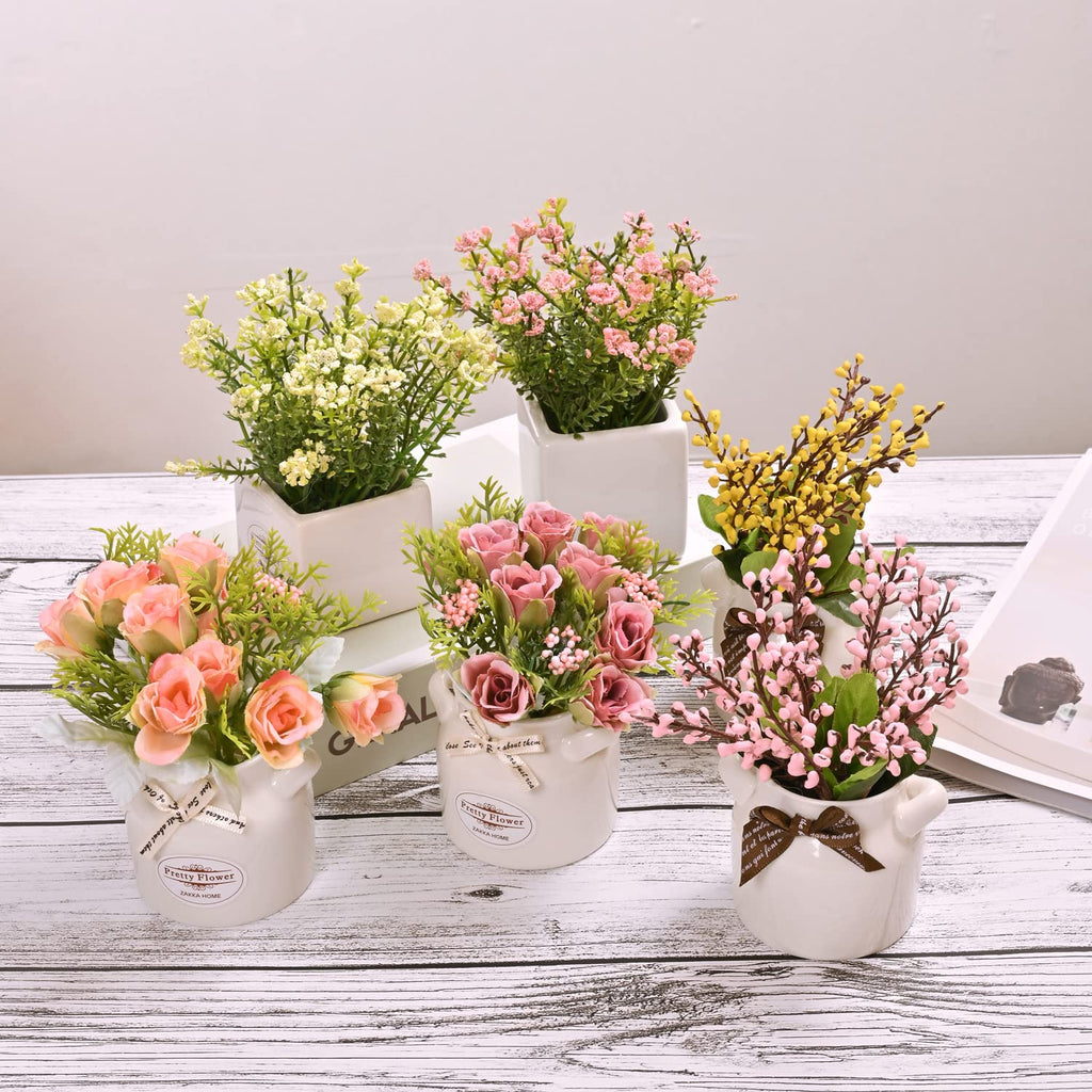 6Pcs Artificial Flowers with Ceramic Pot, Faux Flowers in Vase