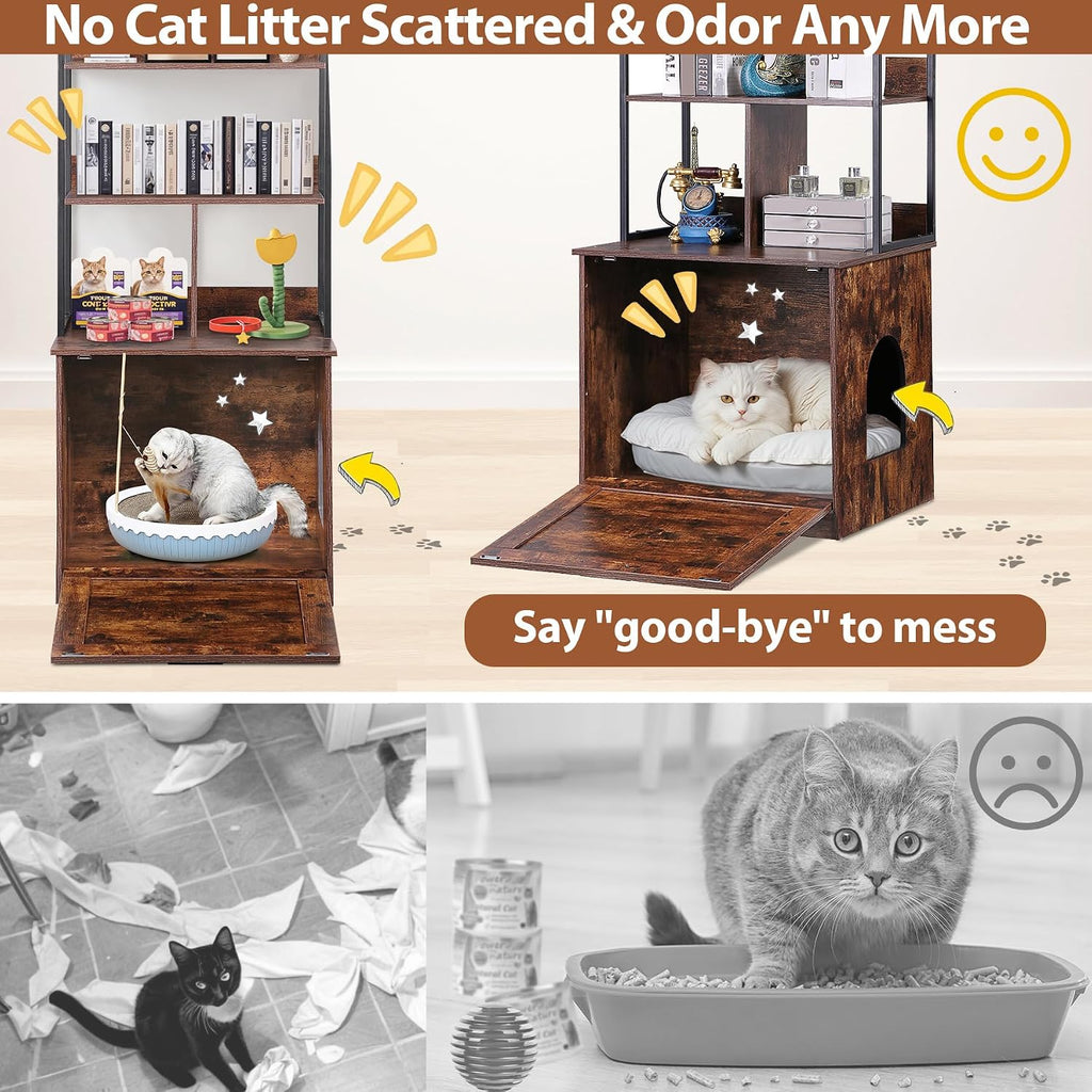 2-in-1 Cat Litter Box Enclosure with Storage Shelves, Hidden Cat Litter Box Enclosure Furniture with Entrance (Rustic