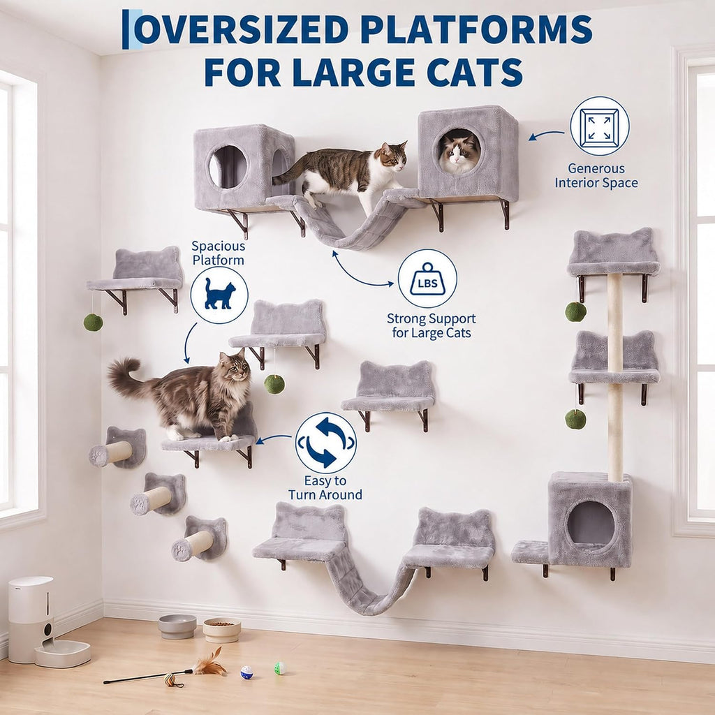 Cat Wall Shelves, 18-in-1 Wall Mounted Cat Furniture Set, Gray