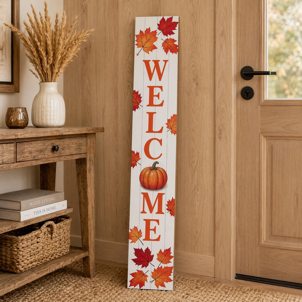 Fall Welcome Porch Sig 47" Tall Vertical Wooden Sign with Pumpkin Maple Leaves Farmhouse Rustic Autumn Thanksgiving