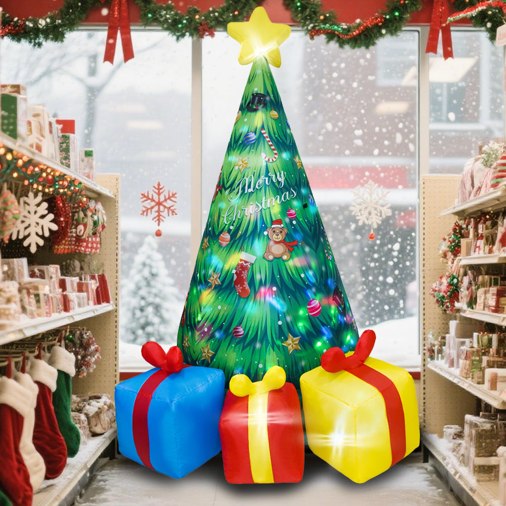 8FT Giant Christmas Inflatable Tree with Rotating LED Lights Inside, Animated Blow Up Xmas Tree with 3 Gift Boxes