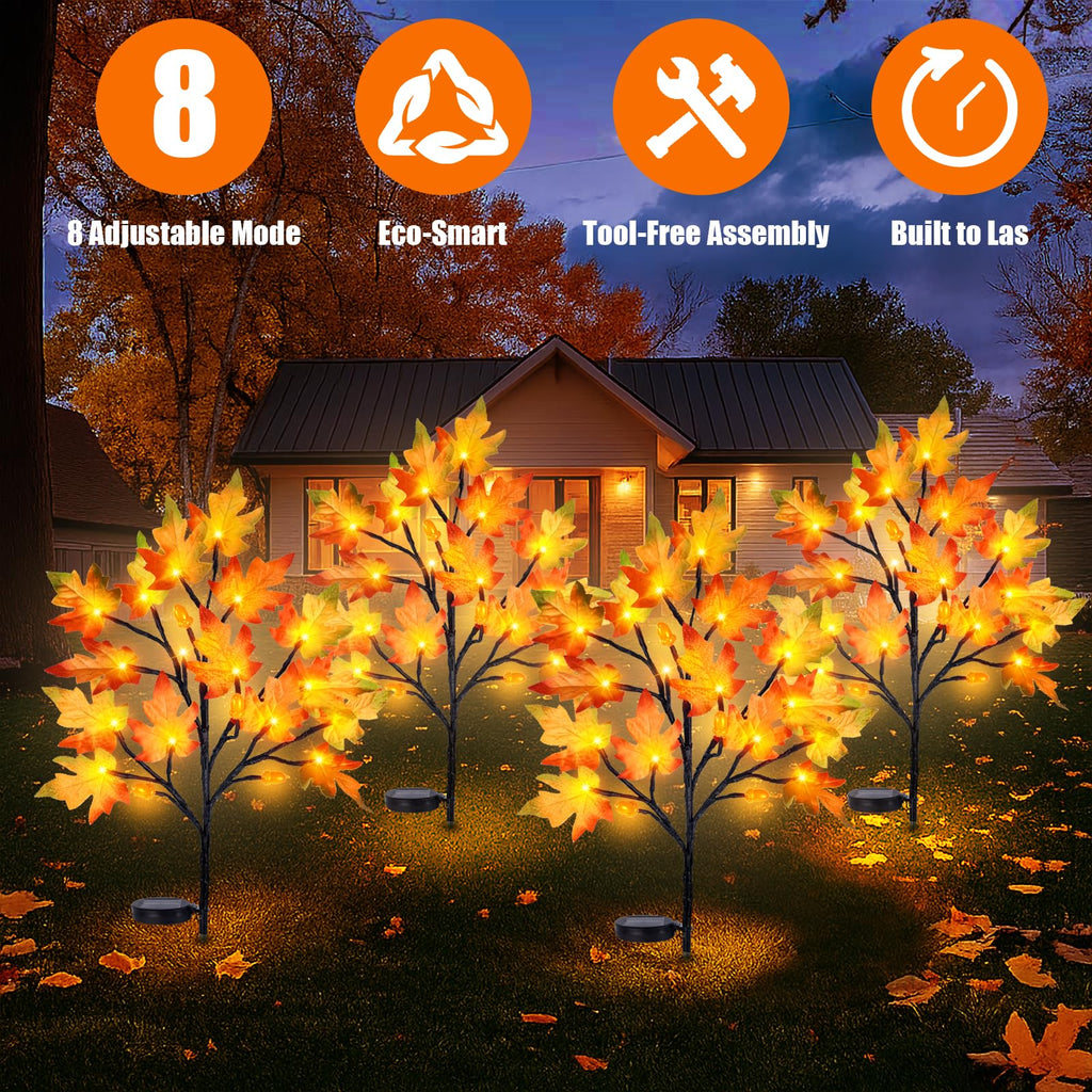 4PCS Solar Fall Lights Outdoor Decorative, 34" Fall Decor with Acorn Maple Leaf, 40LED Each with 8 Modes & Timer
