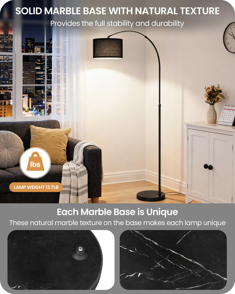 75" Dimmable Black Arc Floor Lamp with Marble Base and Adjustable Height