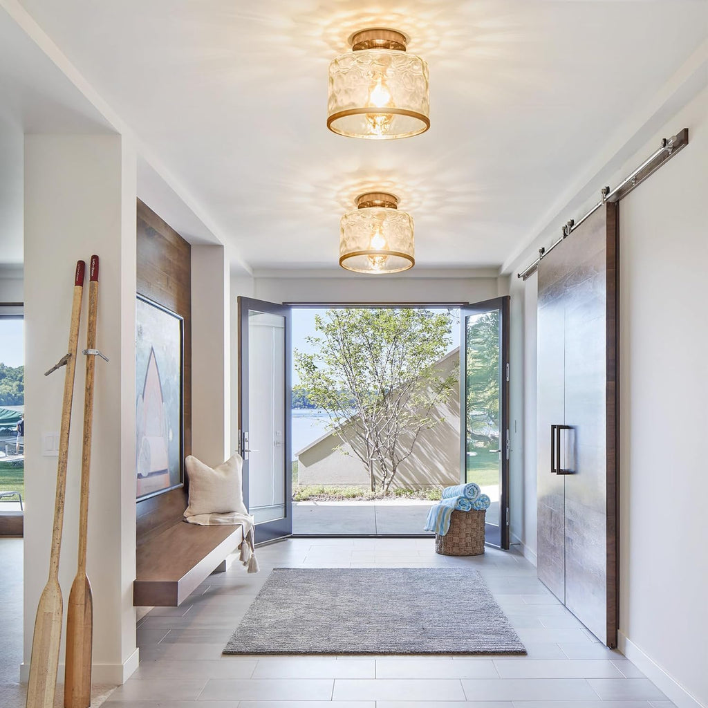 Modern Semi Flush Mount Ceiling Light with Industrial Clear Hammered Glass Lampshade, Farmhouse Ceiling Lights
