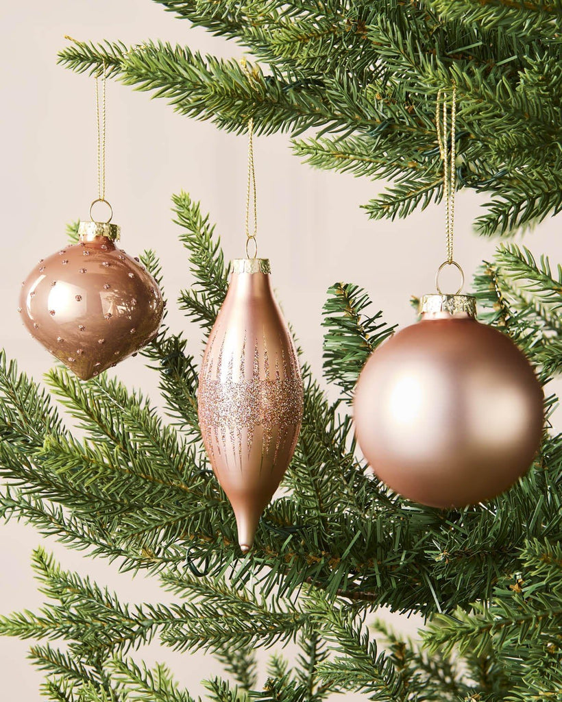 Rose Gold Glass Christmas Baubles Set of 20, Shiny Matt Glitter Ornaments