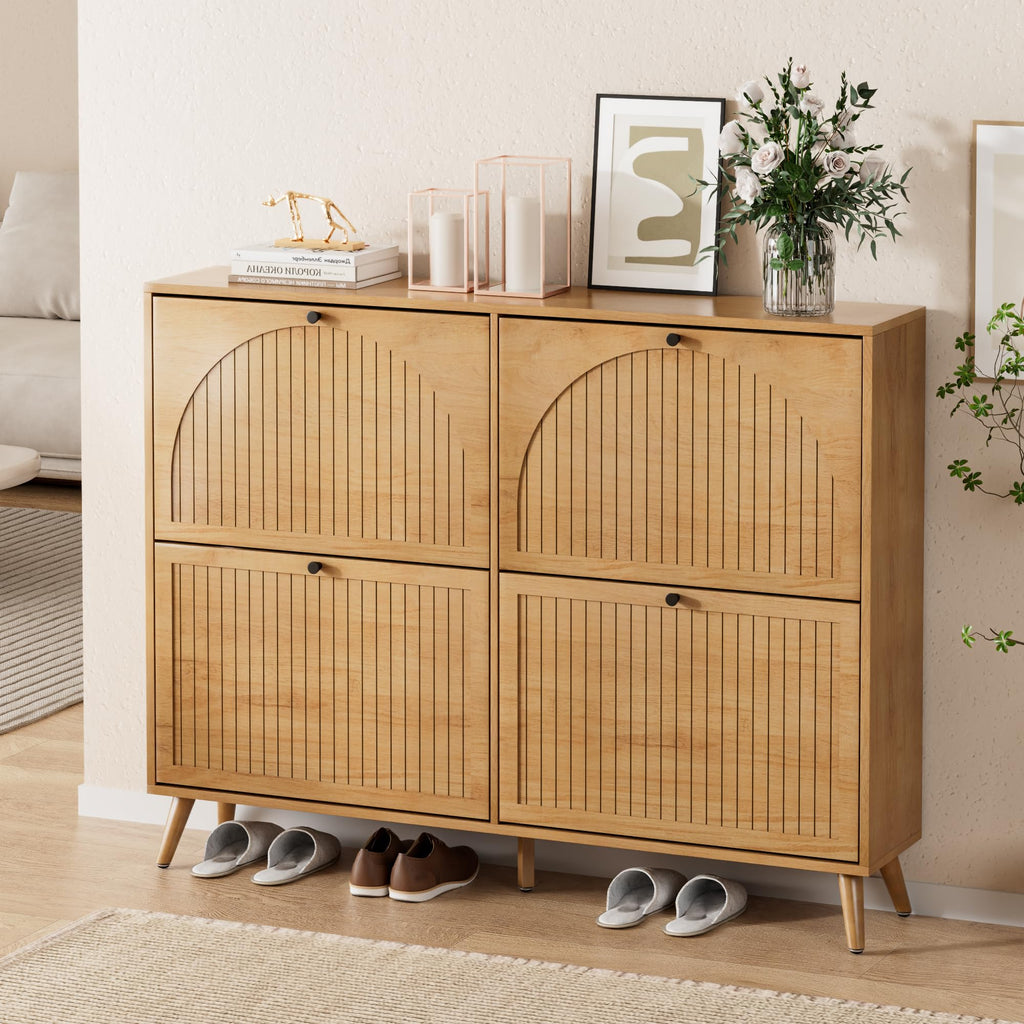 Shoe Storage Cabinet with 4 Fluted Flip Drawers, Oak
