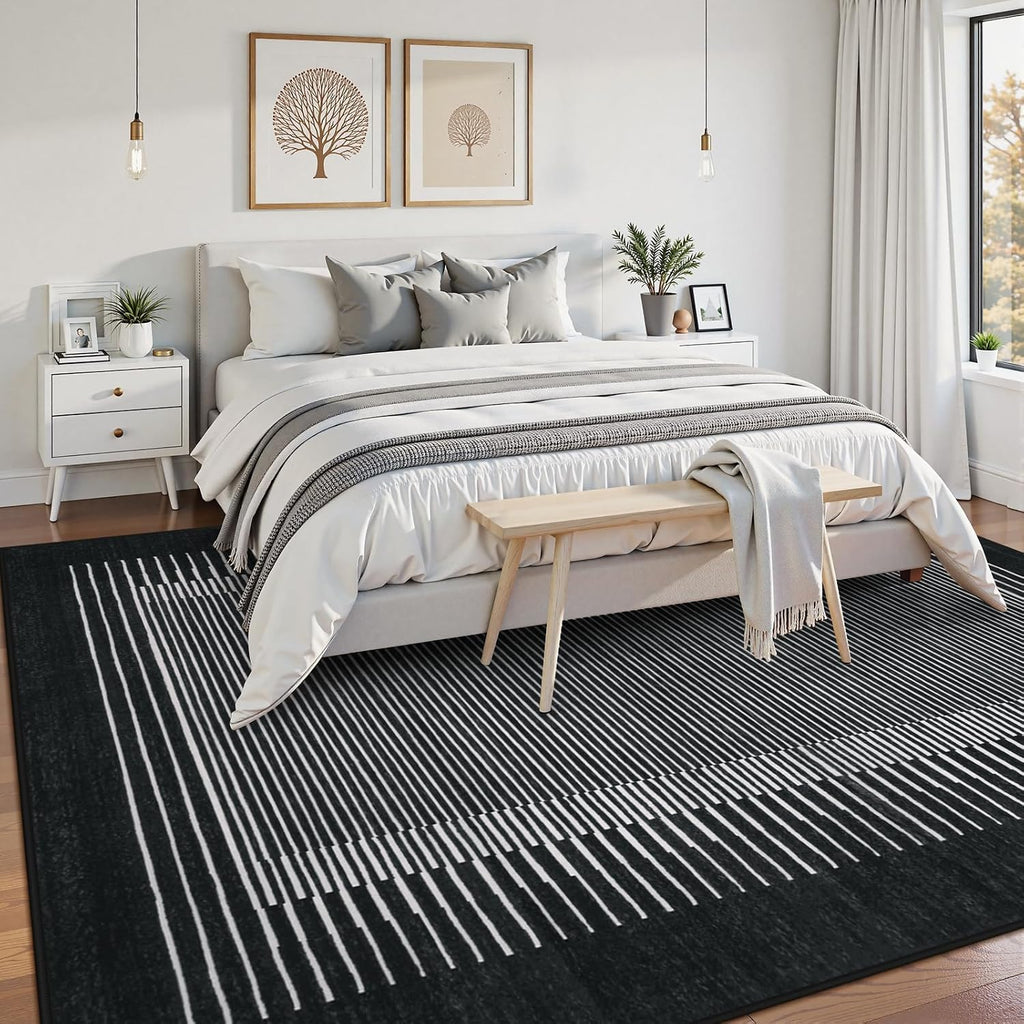 Washable Striped Washable Area Rug, Non-Slip Black Berber Stripe Rugs, Low Pile Minimalist Floor Carpet Rugs