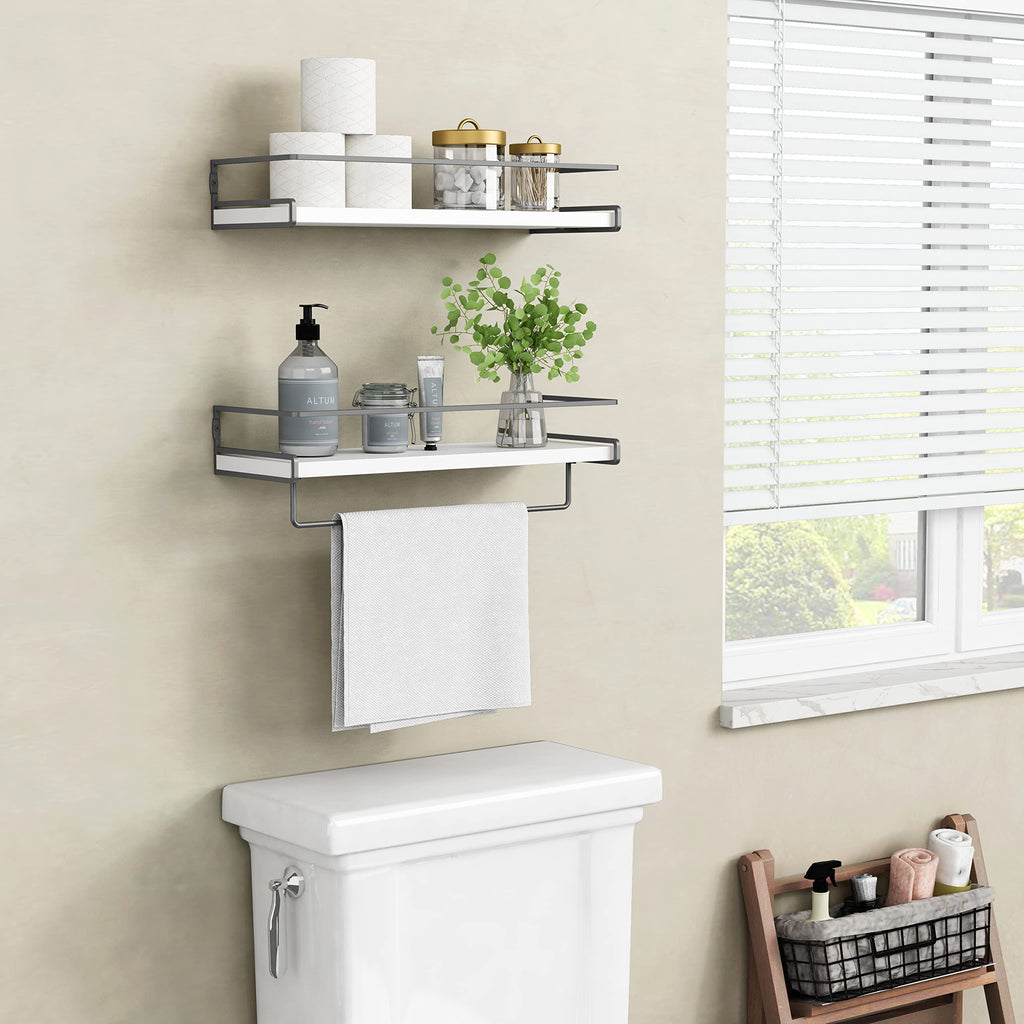 White Floating Shelves Organizer Over Toilet, Bathroom Shelves Wall Mounted with Towel Rack, Corner Wall Shelf Decor