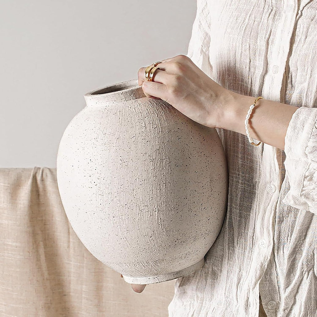 Large White Ceramic Vase - 9.8 Inch Rustic Farmhouse Flower Vase