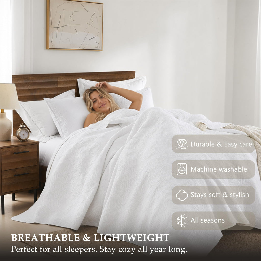 100% Cotton White Oversized Quilt Bedding Sets with 2 Pillow Shams, Shabby Chic Rustic Textured