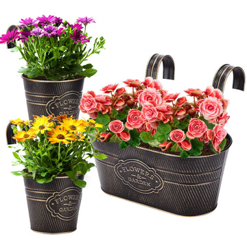 3 Pack Metal Railing Planter Box Outdoor, 10.6" Hanging Flower Pots with Detachable Hooks & Drainage Holes, Rail