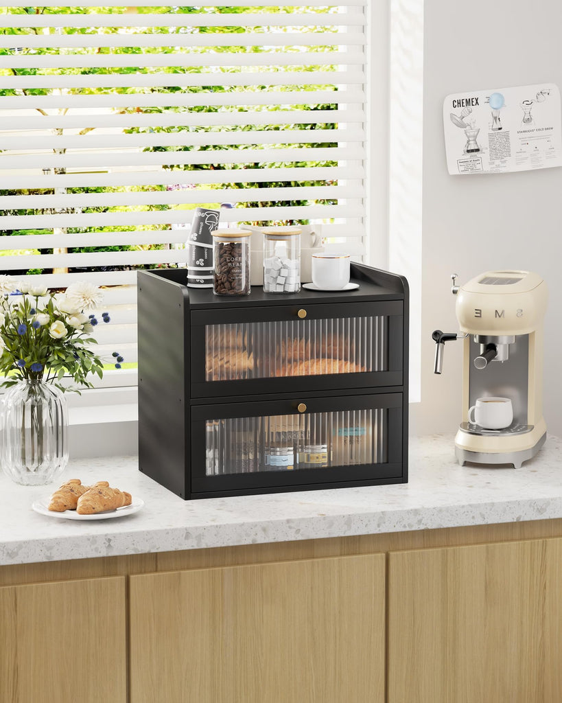 Bread Box - Wooden Countertop, Large Capacity, Black