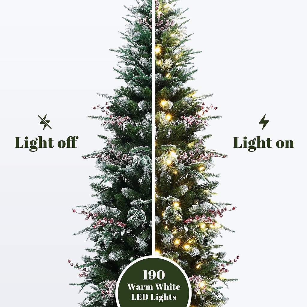 LuxenHome 6.5FT Slim Christmas Tree, Prelit Skinny Artificial Christmas Tree with 190 LED Lights, Realistic Pencil