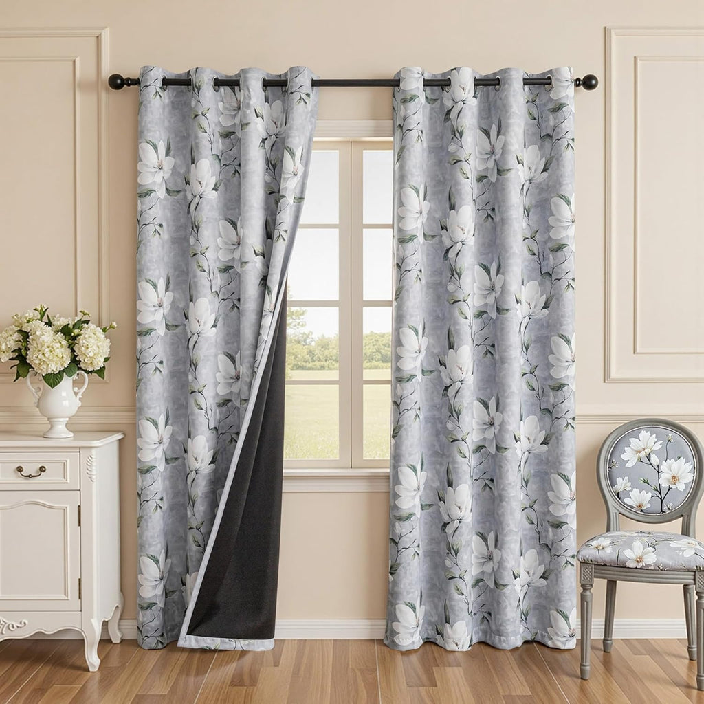 Floral 95% Blackout Curtains 84 Inches Long 2 Panels Set for Living Room - Thermal Insulated Black Out Flower Pattern