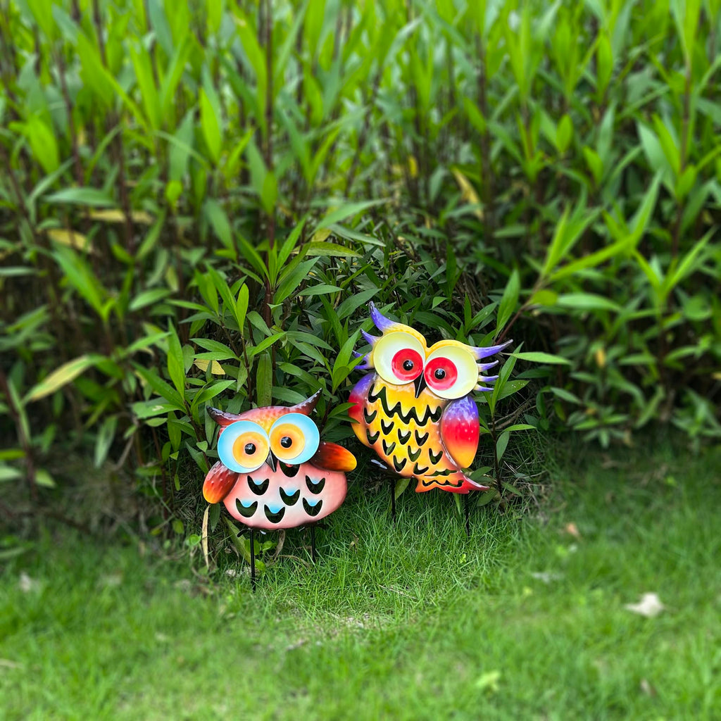 Metal Owl Silhouette Fresh Color Statues, 2 Pack Yard Decorative Sculpture