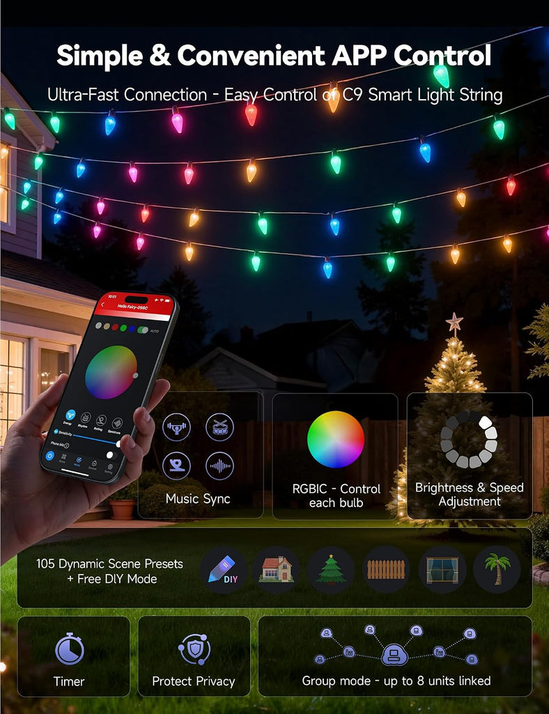 Smart C9 Christmas Lights Outdoor, 200 LED 213FT Christmas Color Changing Fairy Lights App Control, Music Sync, 105