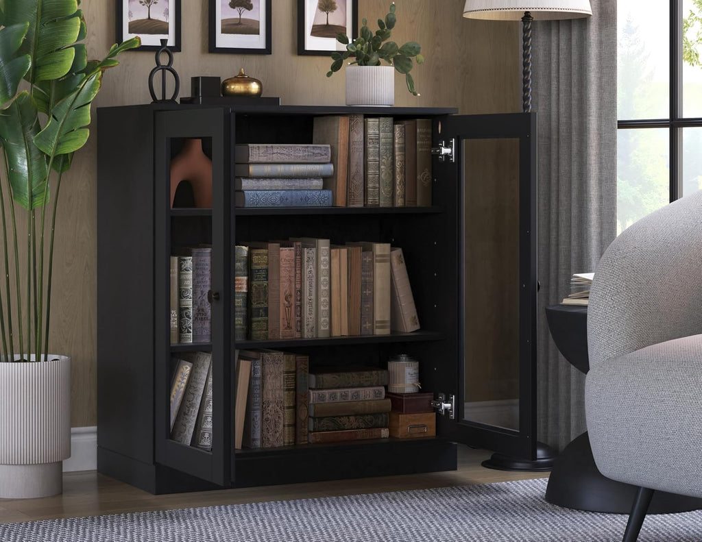 Solid Wood Bookcase - 32" Wide x 36" Short - Black, Wooden Bookshelf - Small Display Cabinet, Bookcase with Glass