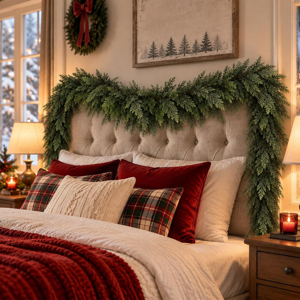 9 Ft Christmas Cedar Garland, Real Touch Faux Pine for Mantle & Fireplace