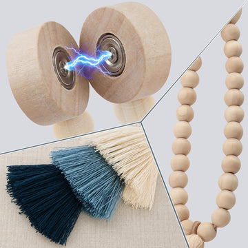 Magnetic Curtain Tiebacks with Wood Beads and Triple Tassel,Blue - 2Pcs