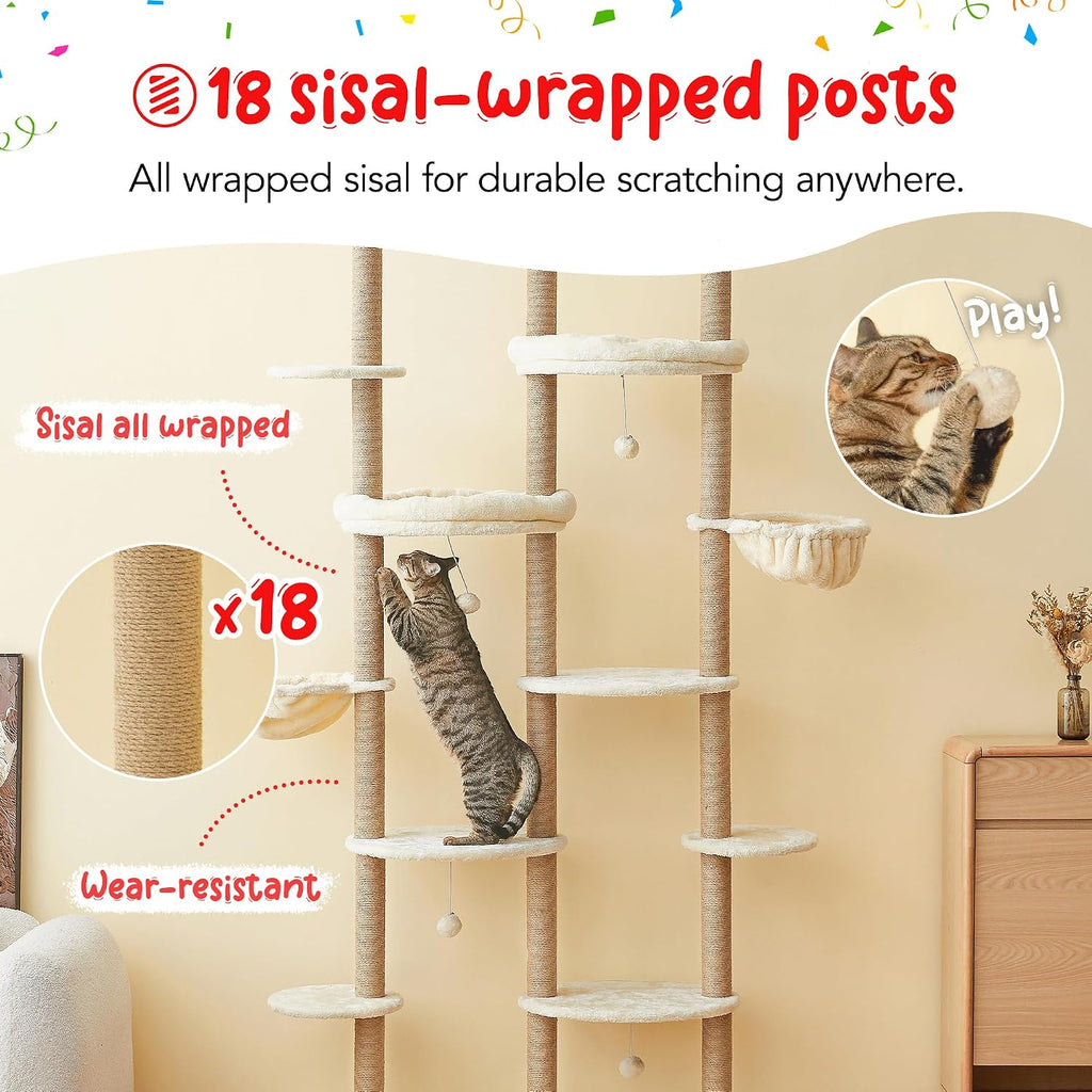 Floor to Ceiling Cat Tree, Tall Cat Tower Adjustable Height (88"-114"=223-290CM), 6-Tier Cat Climbing Tower with 18