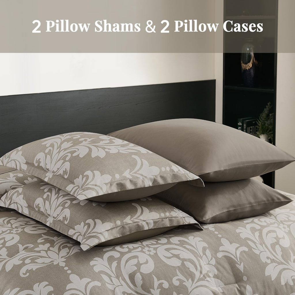 Queen Luxury Comforter Set Taupe 7 Piece Boho Damask Bedding
