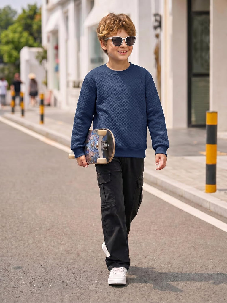 Boys Quilted Sweatshirts Kids Fashion Crewneck Long Sleeve Pullover Clothes with Pockets