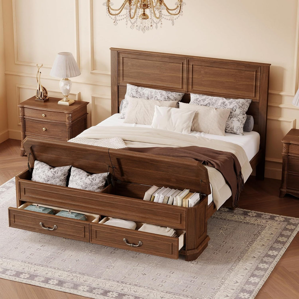 Queen Farmhouse Style Bed Frame with Storage Bench, 2 Drawers & Lift-Top Compartments, Solid Wood Platform Bed with