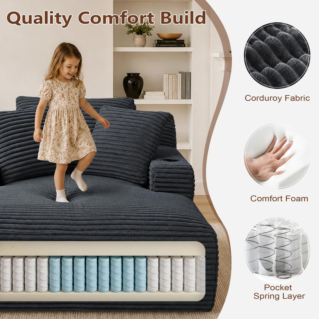 66.1" Oversized Boneless Chaise Lounge Chair Indoor, Corduroy Cloud Reading Chair for Sleeper Chair with 3 Throw