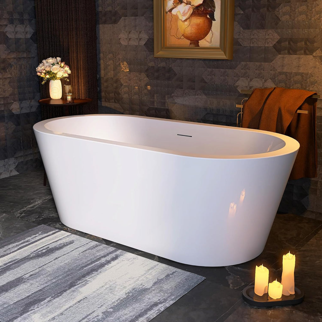 61 in. x 31 in.Classic Oval Acrylic Free Standing Tub, Heavy Duty Deep Soaking Tub, Bathroom Stand Alone Tub
