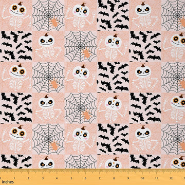 Cartoon Sugar Skull Pumpkin Fabric by The Yard Orange Plaid Black Spider Web No Stretch Sewing Fabric Wild Bat Spider