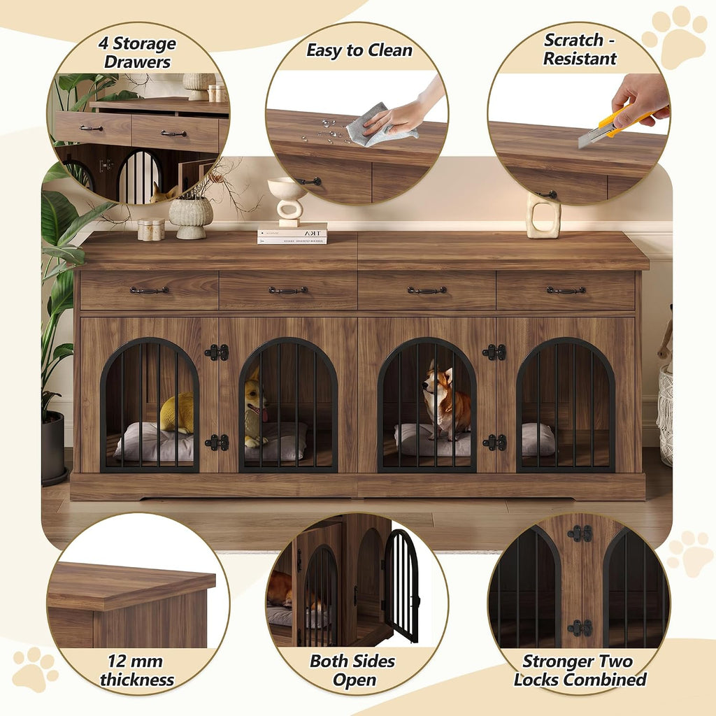 Dog Crate Furniture TV Stand for 2 Dogs, Brown
