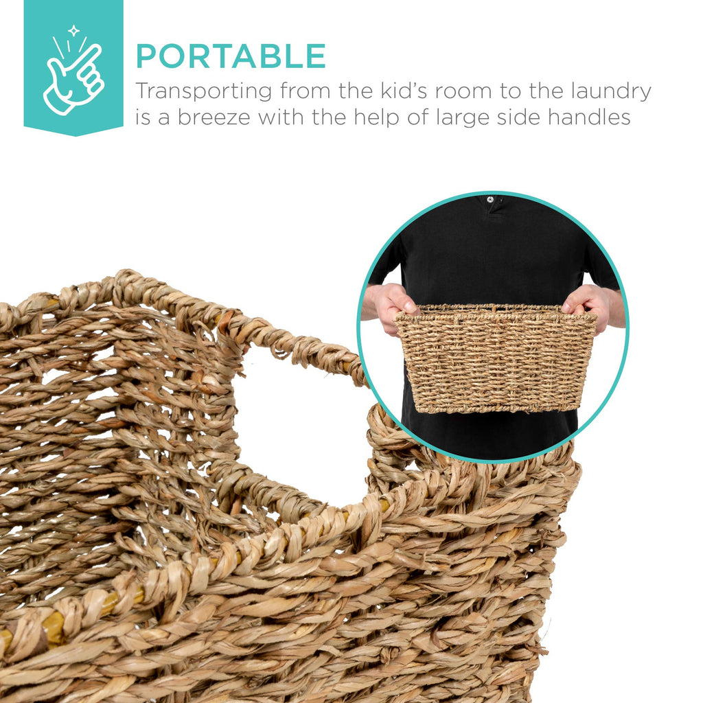 Rustic Set Of 4 Multipurpose Stackable Seagrass Storage Basket, Handwoven Laundry Organizer Totes, Shelves, Pantry
