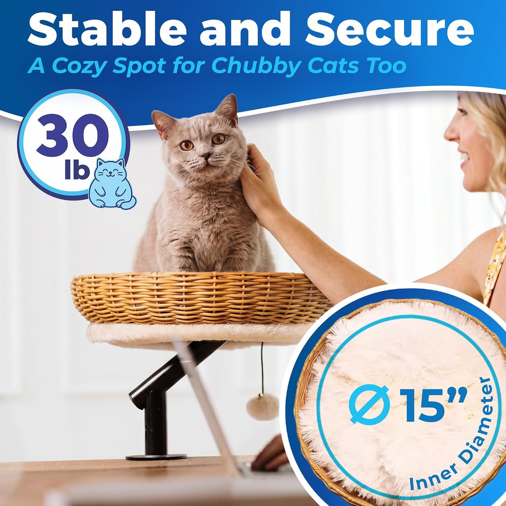 Cat Desk Bed - Rattan Elevated Desk Cat Bed Attachment with Removable Washable Cushion, 360° Swivel Arm, Secure Clamp