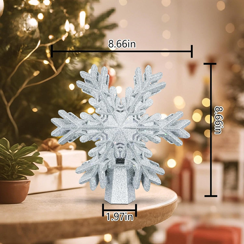 Snowflake Tree Topper with Rotating LED Projector, 3D Glitter Snowflake Plug-in Tree Top Ornament for Indoor