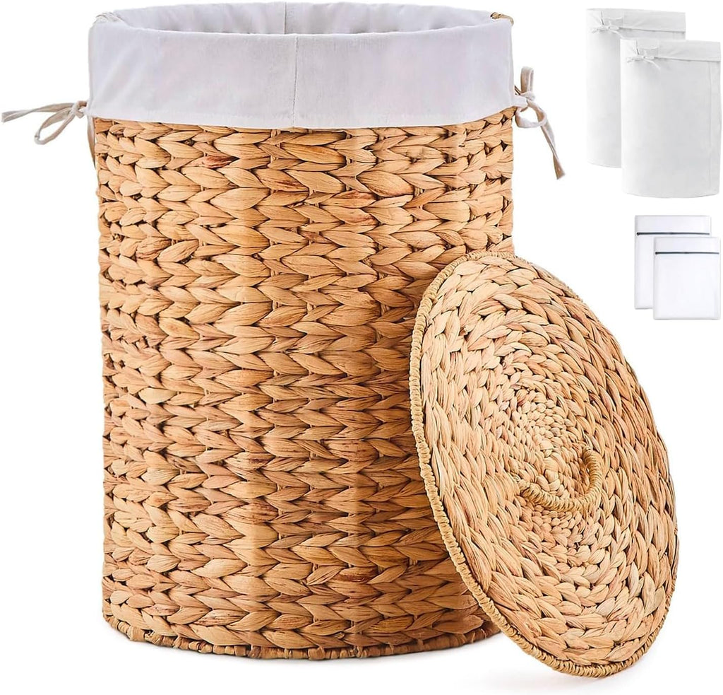 Round Water Hyacinth Laundry Hamper with Lid Handwoven Wicker Basket with Handles for Dirty Clothes, Storage, and